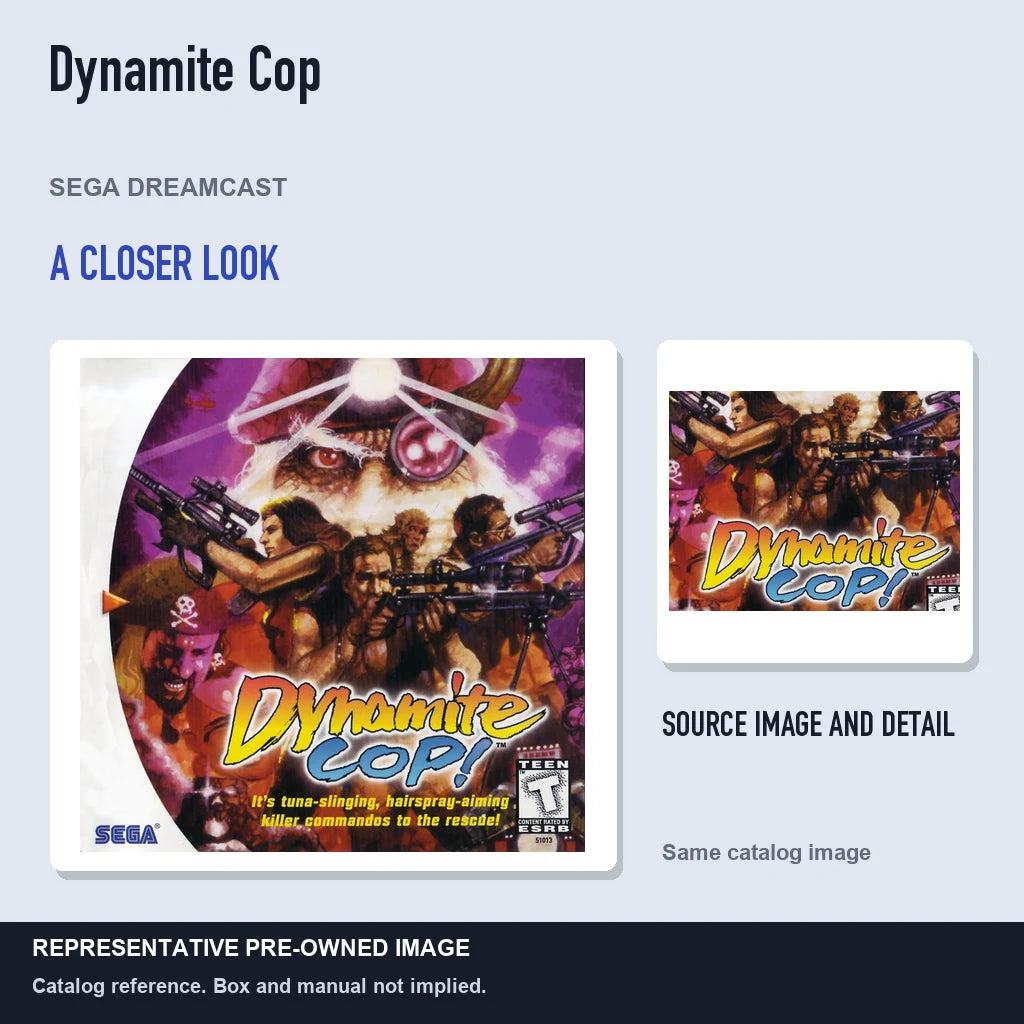 Representative pre-owned Dynamite Cop (Sega Dreamcast), full image with detail inset.
