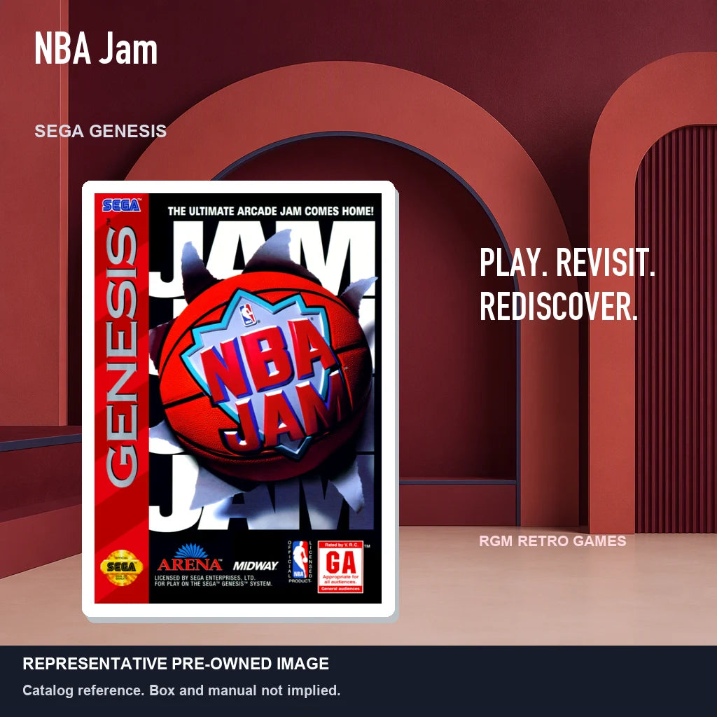 Representative pre-owned NBA Jam (Sega Genesis), red retro product layout.