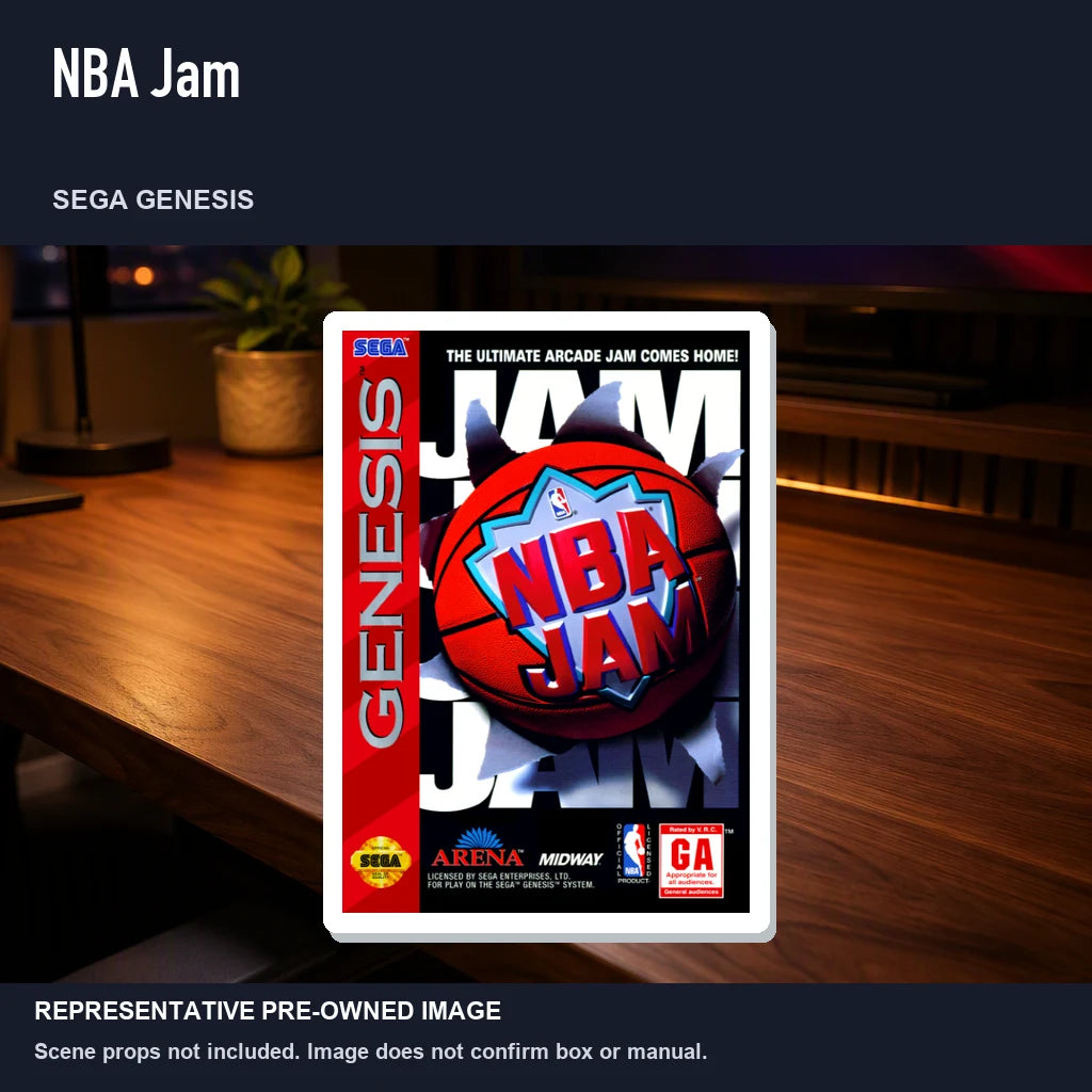 Representative pre-owned NBA Jam (Sega Genesis), product image in a styled desk scene.