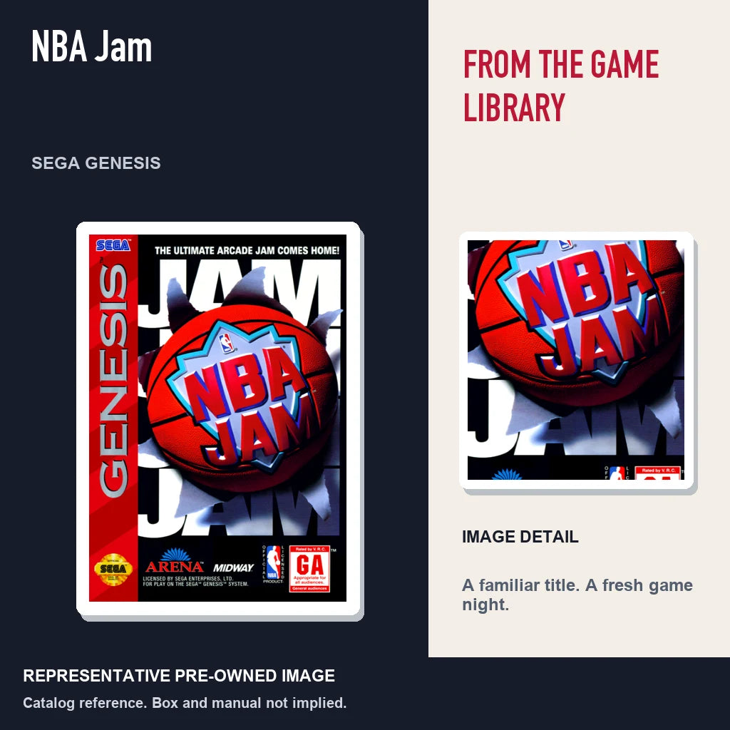Representative pre-owned NBA Jam (Sega Genesis), editorial image and detail.