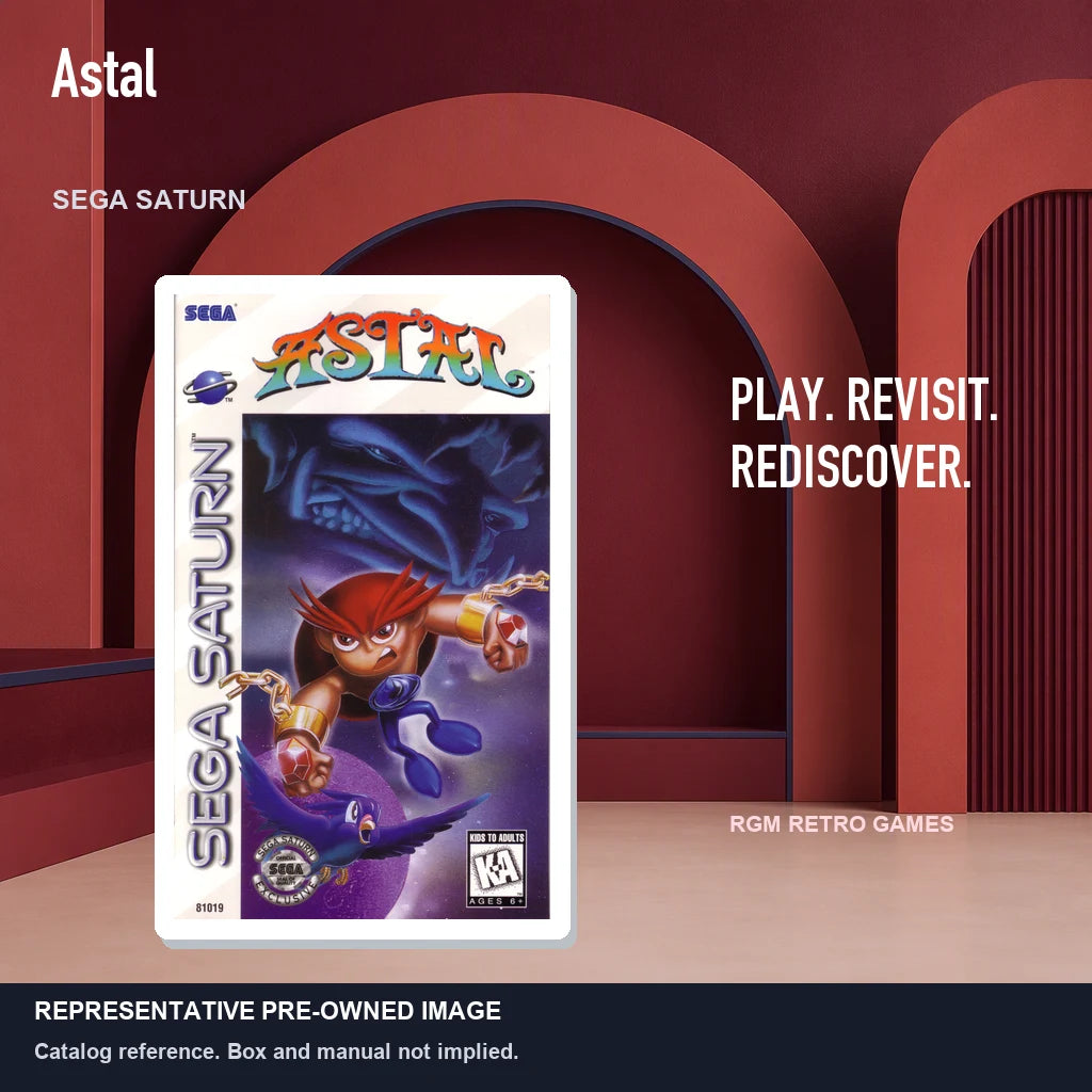Representative pre-owned Astal (Sega Saturn), red retro product layout.
