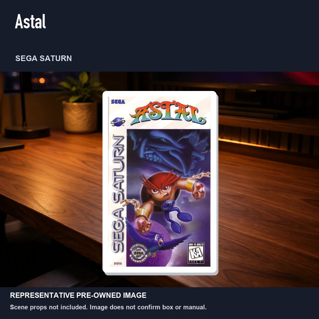 Representative pre-owned Astal (Sega Saturn), product image in a styled desk scene.