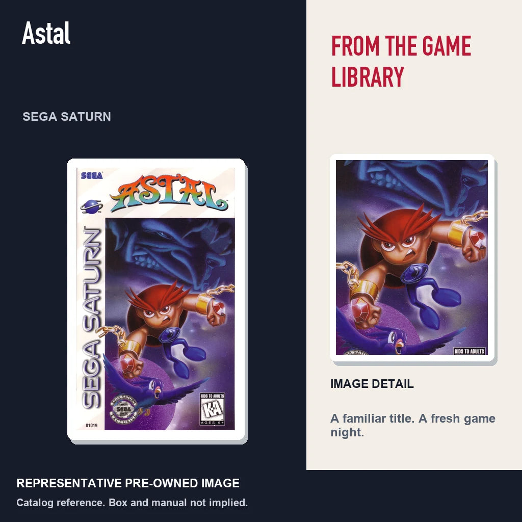 Representative pre-owned Astal (Sega Saturn), editorial image and detail.