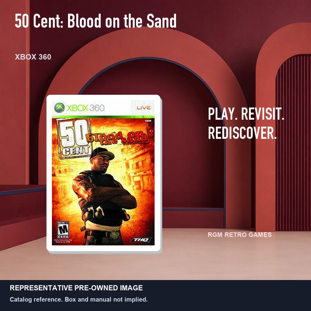 Representative pre-owned 50 Cent: Blood on the Sand (Xbox 360), red retro product layout.