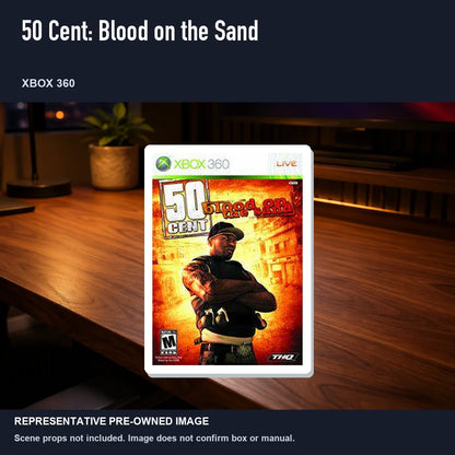 Representative pre-owned 50 Cent: Blood on the Sand (Xbox 360), product image in a styled desk scene.