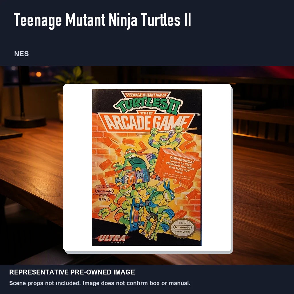 Representative pre-owned Teenage Mutant Ninja Turtles II (NES), product image in a styled desk scene.