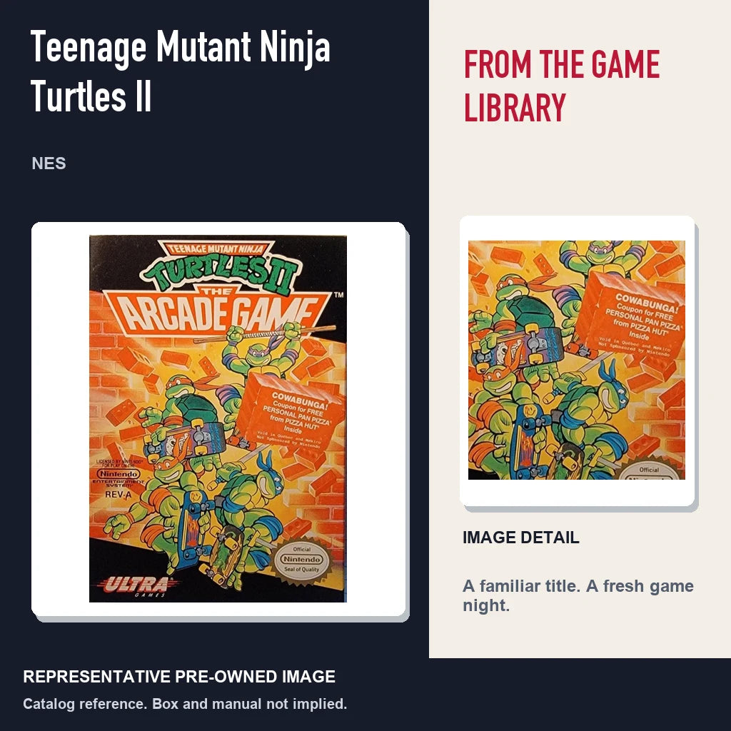 Representative pre-owned Teenage Mutant Ninja Turtles II (NES), editorial image and detail.