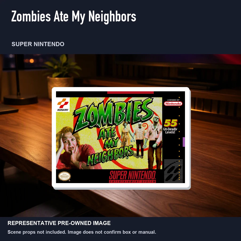 Representative pre-owned Zombies Ate My Neighbors (Super Nintendo), product image in a styled desk scene.