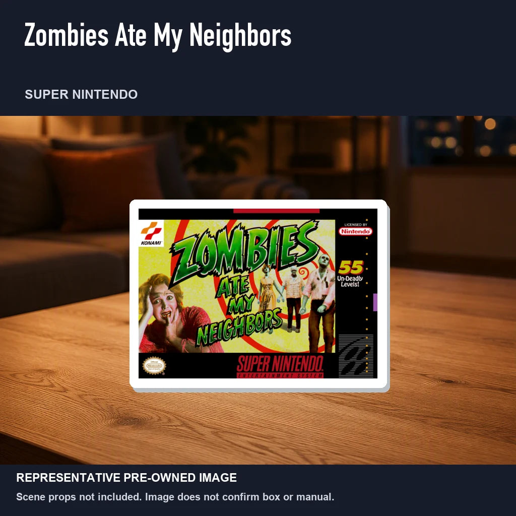 Representative pre-owned Zombies Ate My Neighbors (Super Nintendo), product image in a styled room scene.