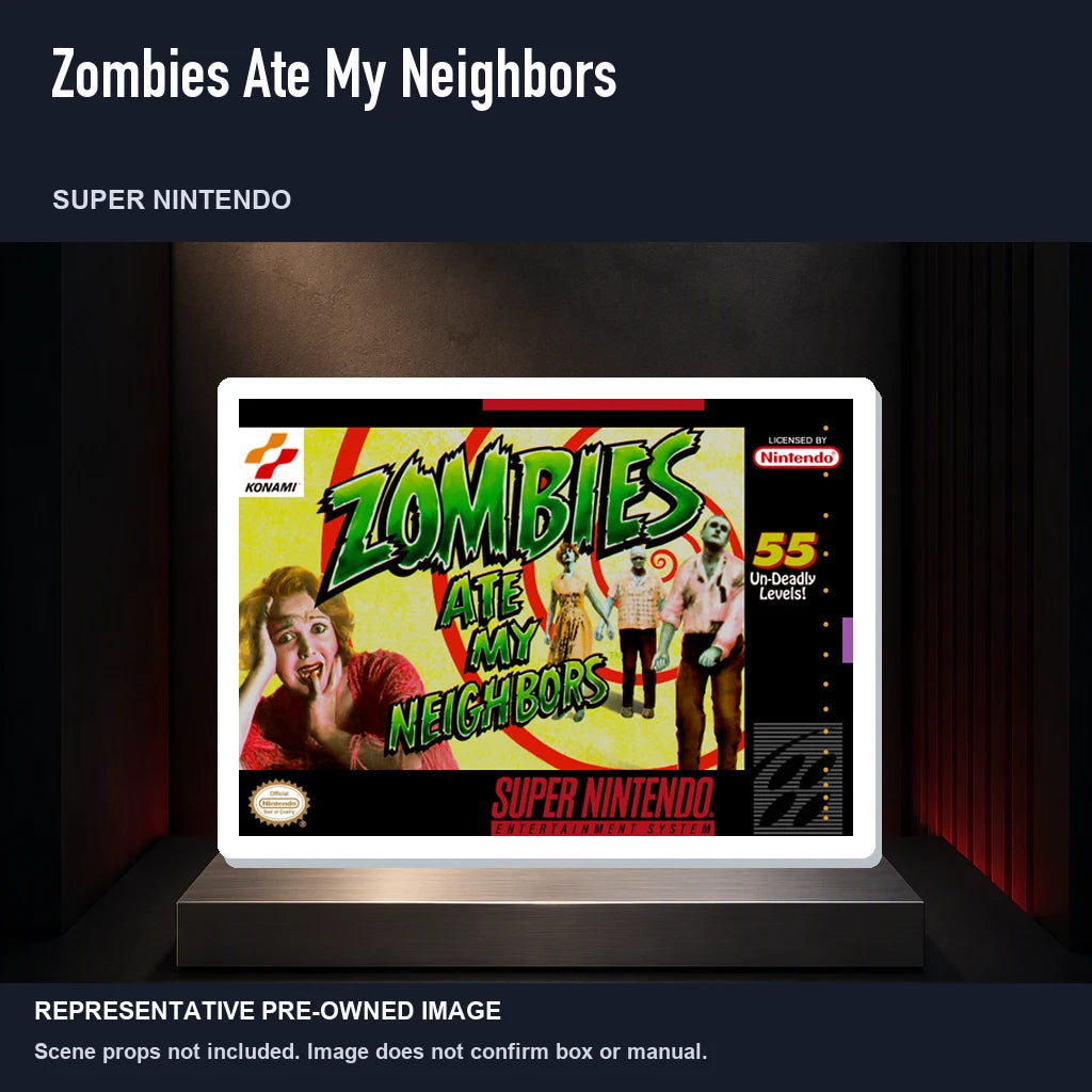 Representative pre-owned Zombies Ate My Neighbors (Super Nintendo), product image on a display panel.