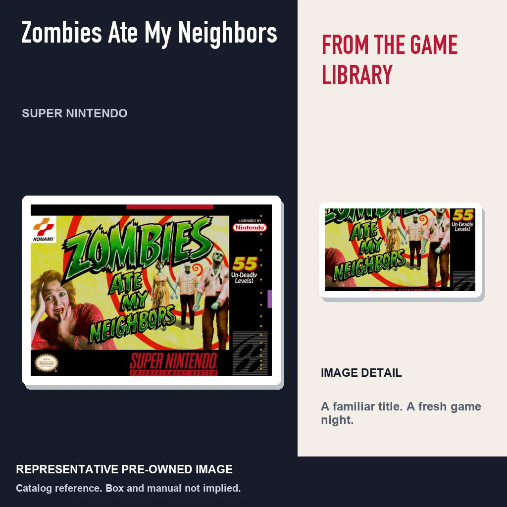 Representative pre-owned Zombies Ate My Neighbors (Super Nintendo), editorial image and detail.