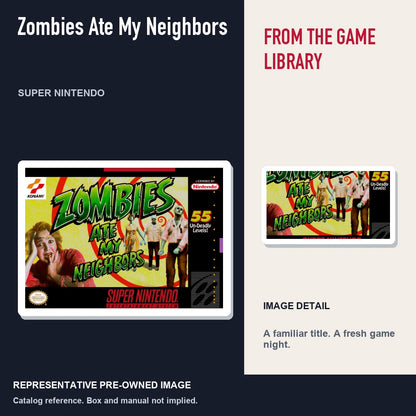 Representative pre-owned Zombies Ate My Neighbors (Super Nintendo), editorial image and detail.