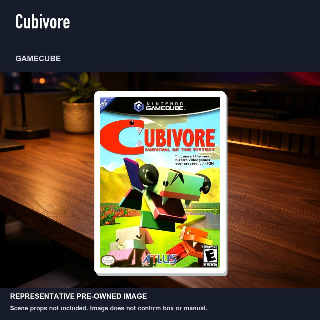 Representative pre-owned Cubivore (GameCube), product image in a styled desk scene.