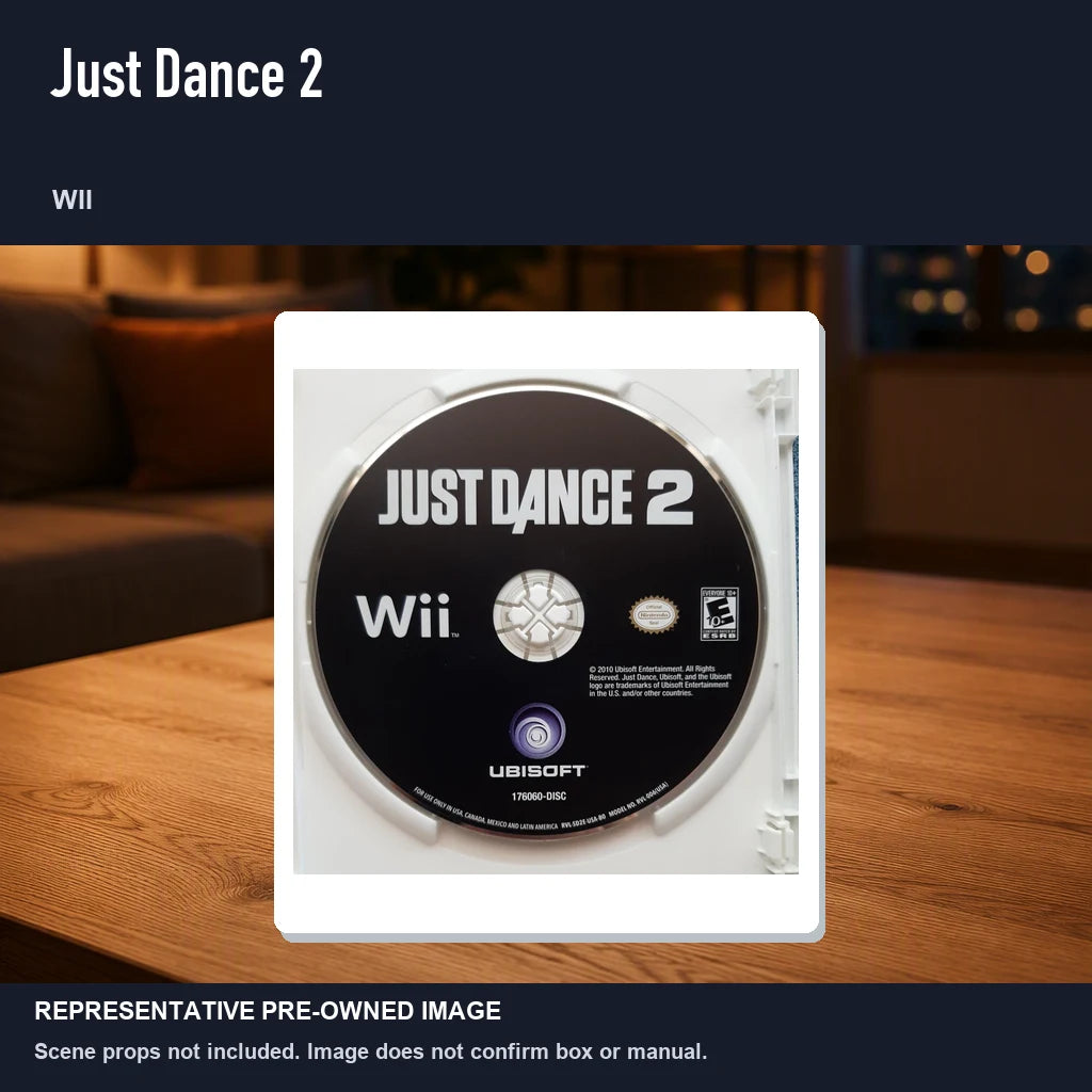 Representative pre-owned Just Dance 2 (Wii), product image in a styled room scene.