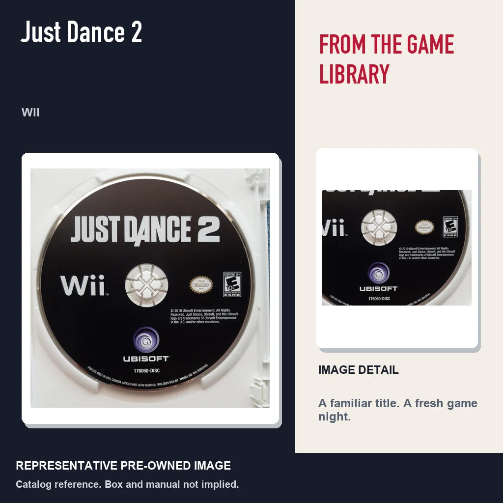 Representative pre-owned Just Dance 2 (Wii), editorial image and detail.