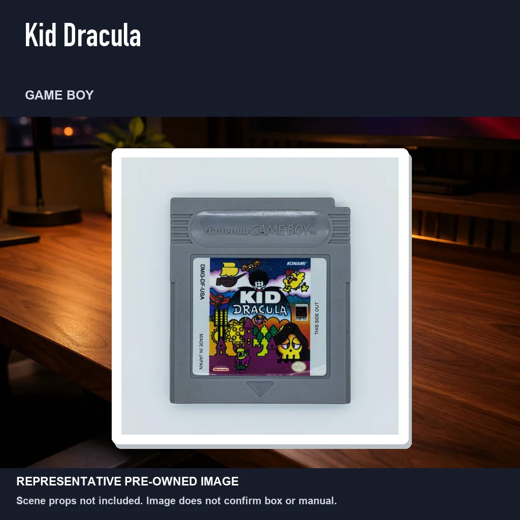 Representative pre-owned Kid Dracula (Game Boy), product image in a styled desk scene.