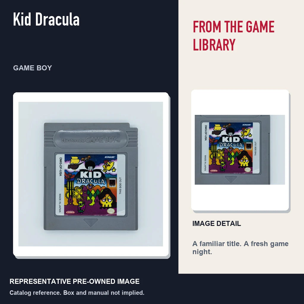 Representative pre-owned Kid Dracula (Game Boy), editorial image and detail.