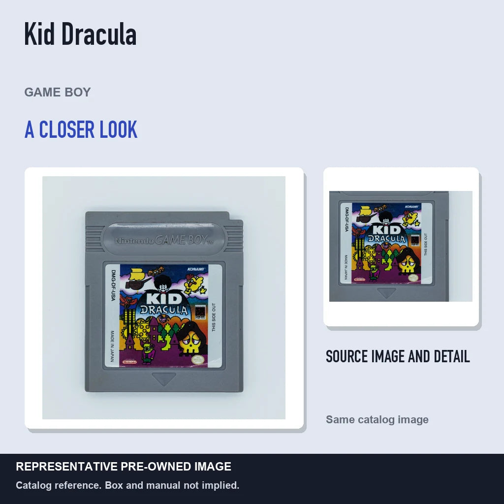 Representative pre-owned Kid Dracula (Game Boy), full image with detail inset.