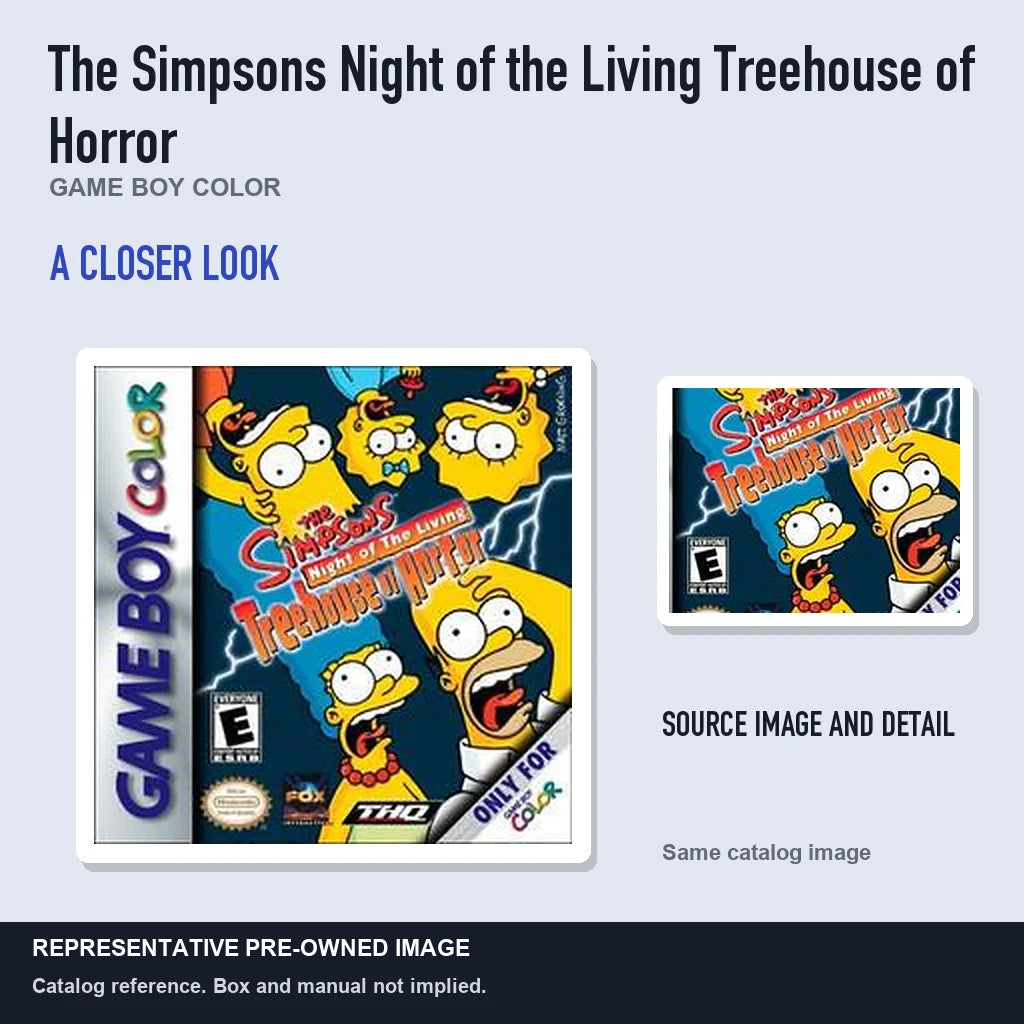 Representative pre-owned The Simpsons Night of the Living Treehouse of Horr… (Game Boy Color), full image with detail inset.