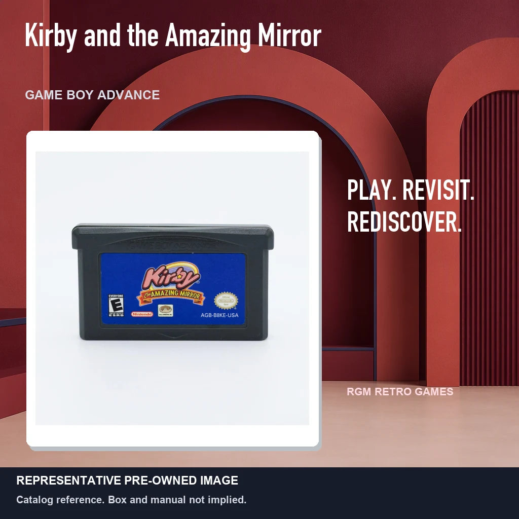 Representative pre-owned Kirby and the Amazing Mirror (Game Boy Advance), red retro product layout.