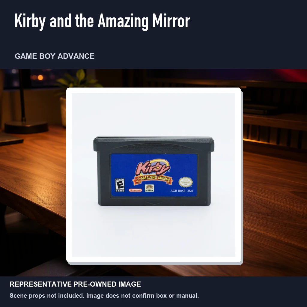 Representative pre-owned Kirby and the Amazing Mirror (Game Boy Advance), product image in a styled desk scene.