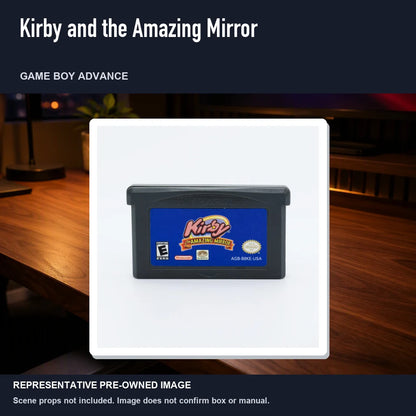 Representative pre-owned Kirby and the Amazing Mirror (Game Boy Advance), product image in a styled desk scene.