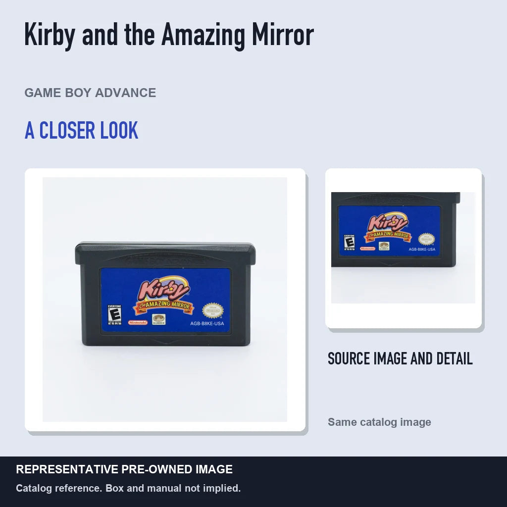 Representative pre-owned Kirby and the Amazing Mirror (Game Boy Advance), full image with detail inset.