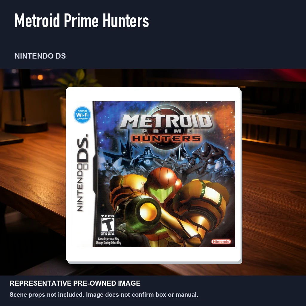 Representative pre-owned Metroid Prime Hunters (Nintendo DS), product image in a styled desk scene.