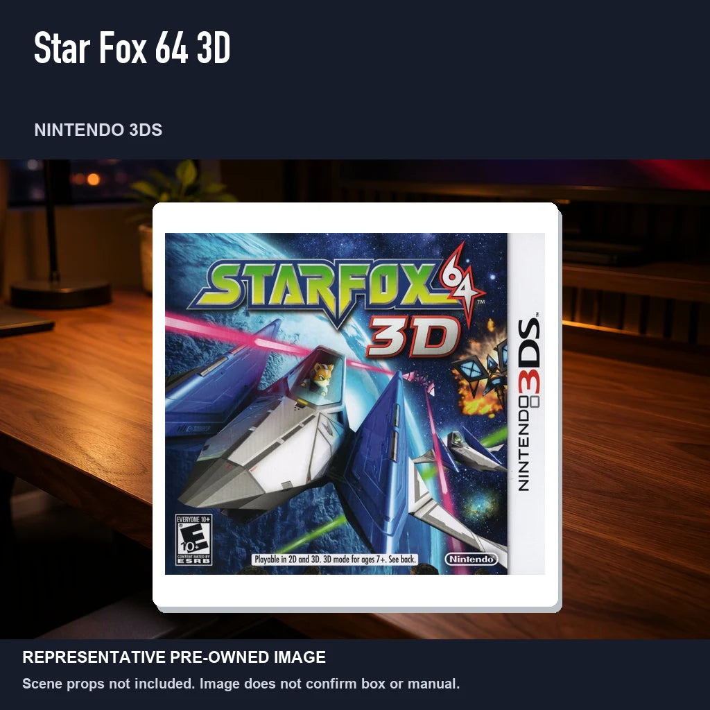 Representative pre-owned Star Fox 64 3D (Nintendo 3DS), product image in a styled desk scene.