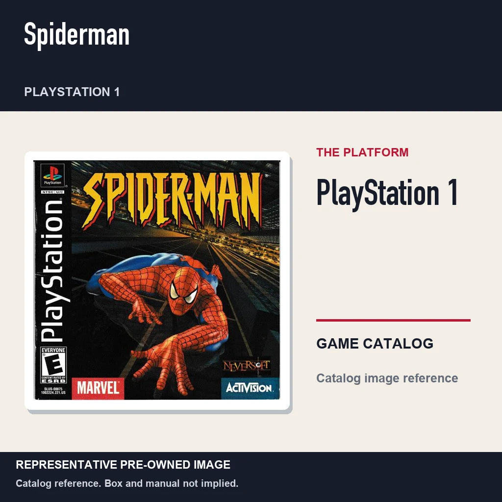Representative pre-owned Spiderman (PlayStation 1), platform product layout.
