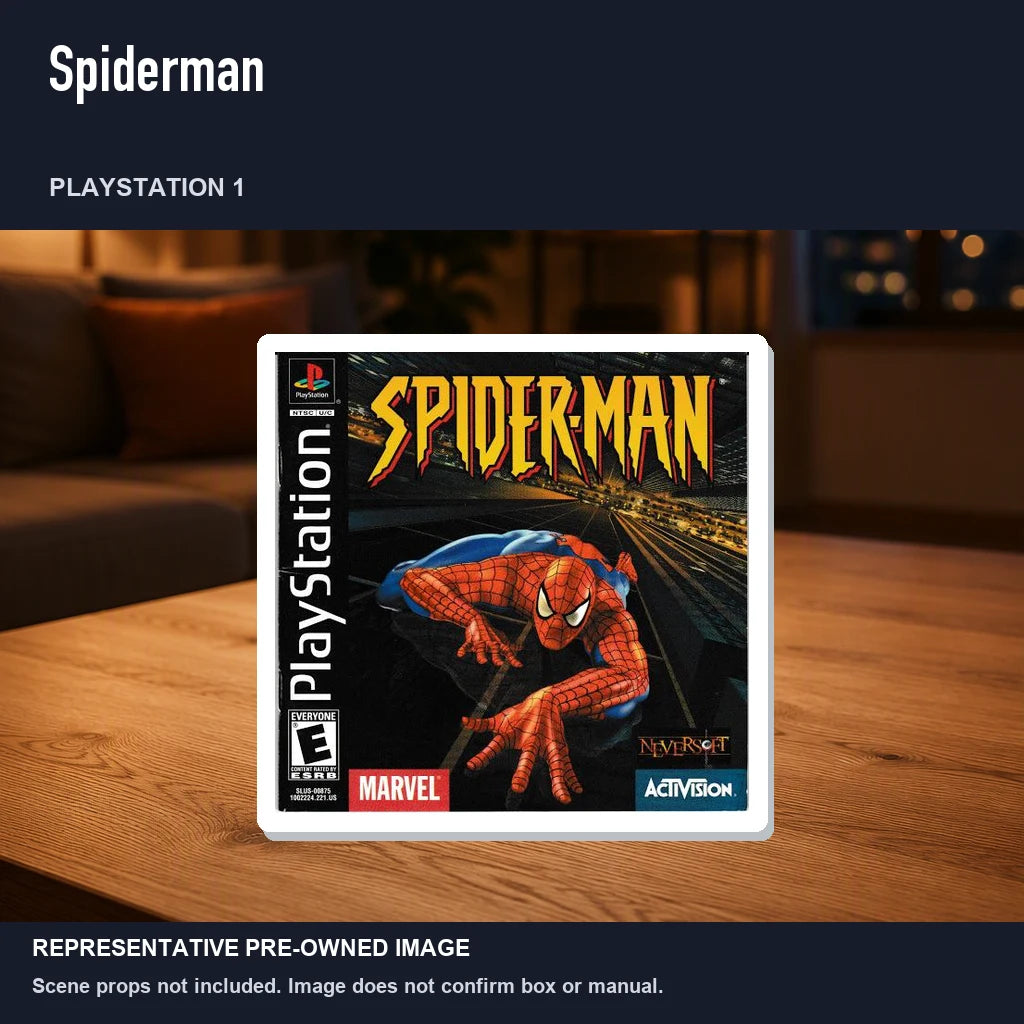 Representative pre-owned Spiderman (PlayStation 1), product image in a styled room scene.
