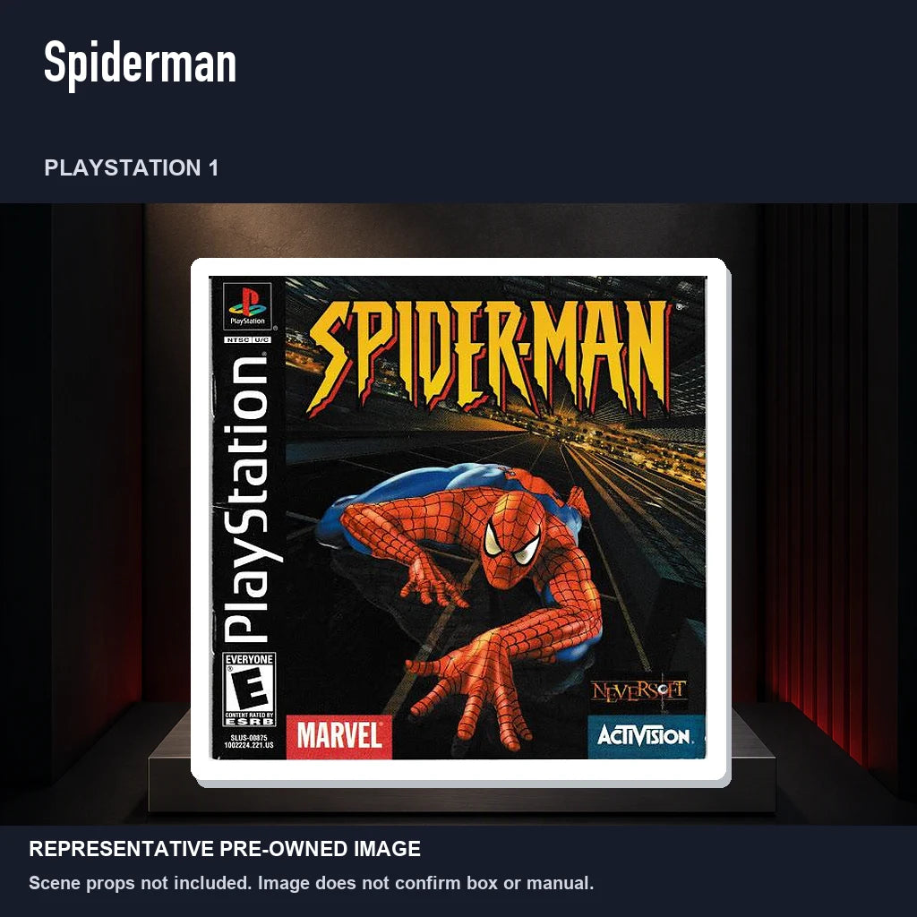 Representative pre-owned Spiderman (PlayStation 1), product image on a display panel.