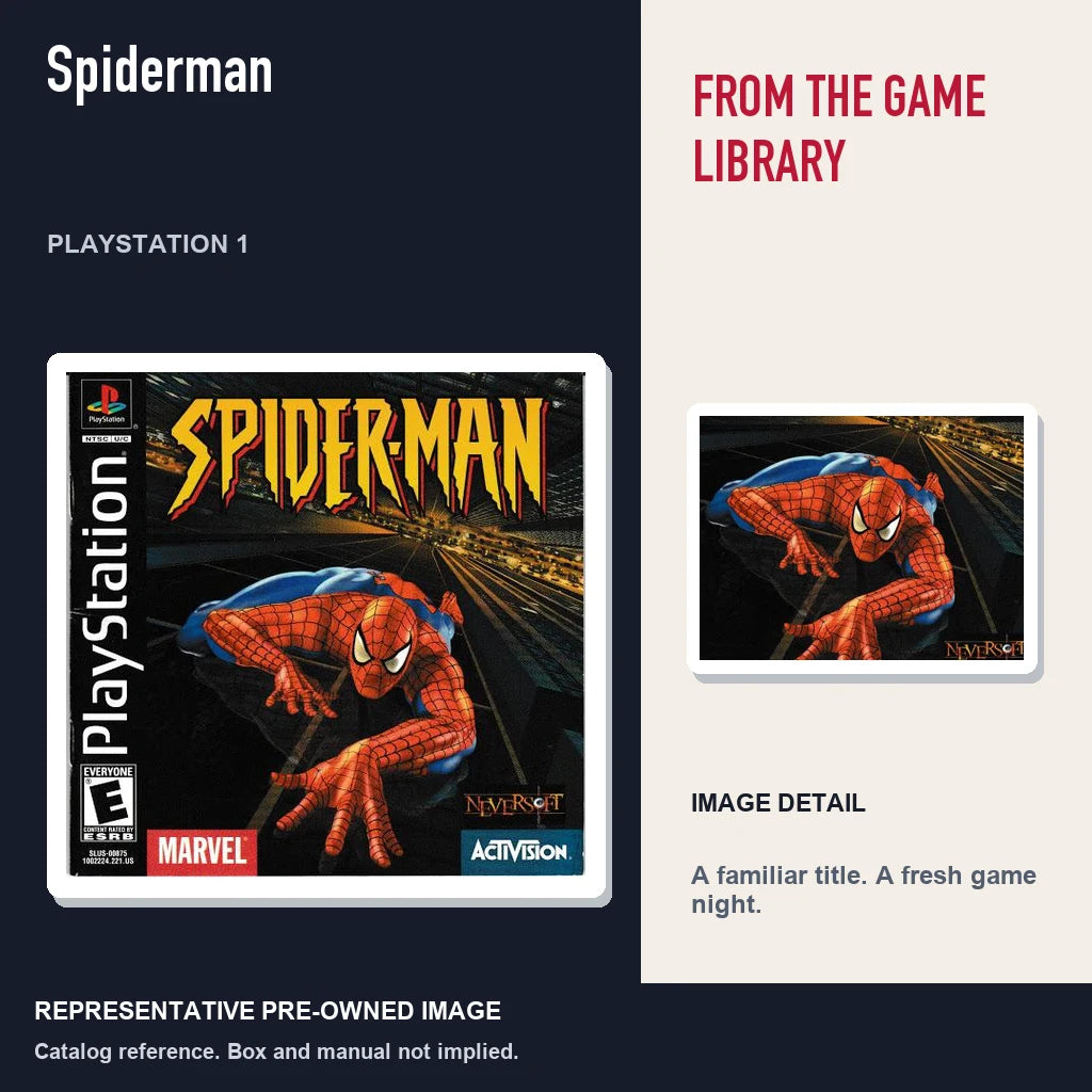 Representative pre-owned Spiderman (PlayStation 1), editorial image and detail.
