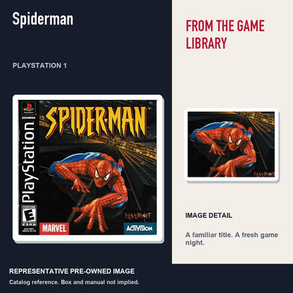 Representative pre-owned Spiderman (PlayStation 1), editorial image and detail.