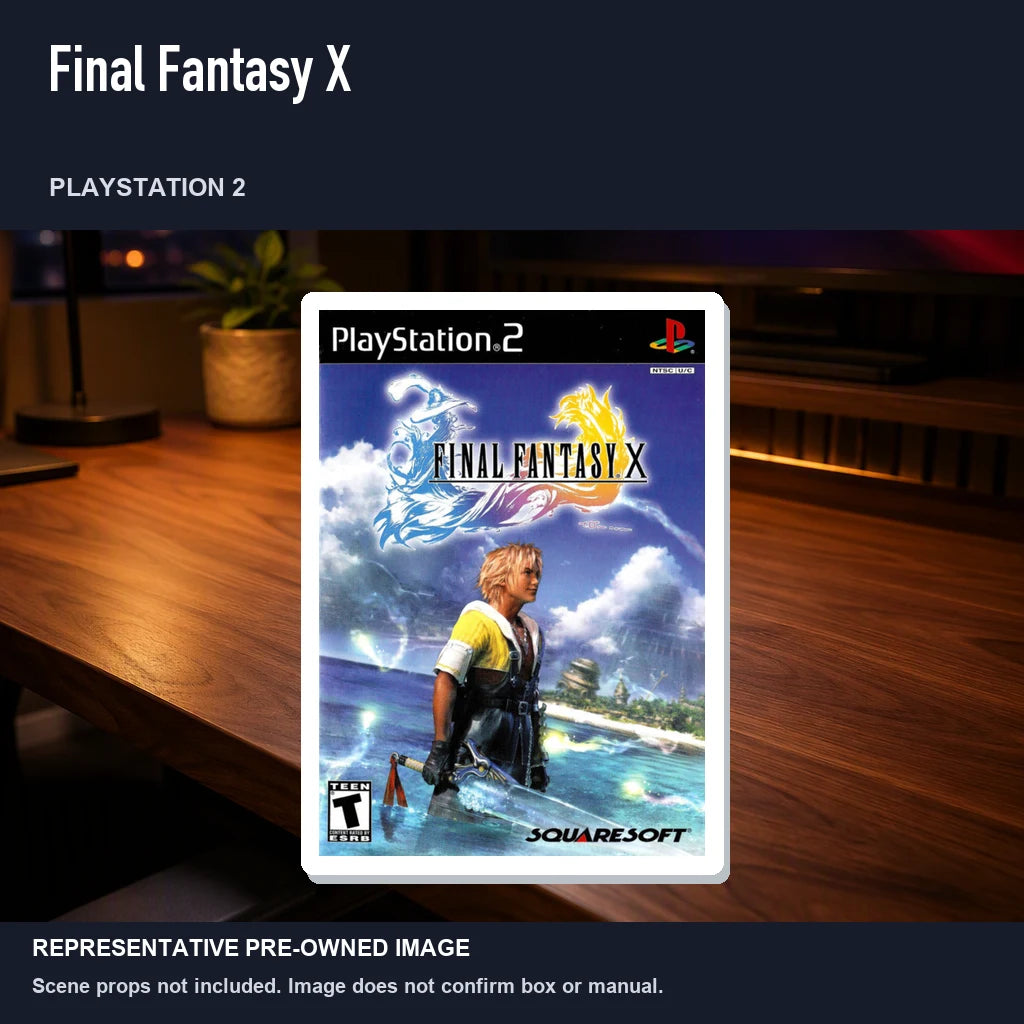 Representative pre-owned Final Fantasy X (PlayStation 2), product image in a styled desk scene.
