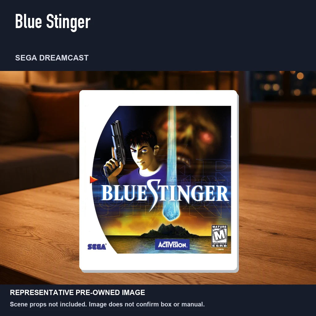 Representative pre-owned Blue Stinger (Sega Dreamcast), product image in a styled room scene.