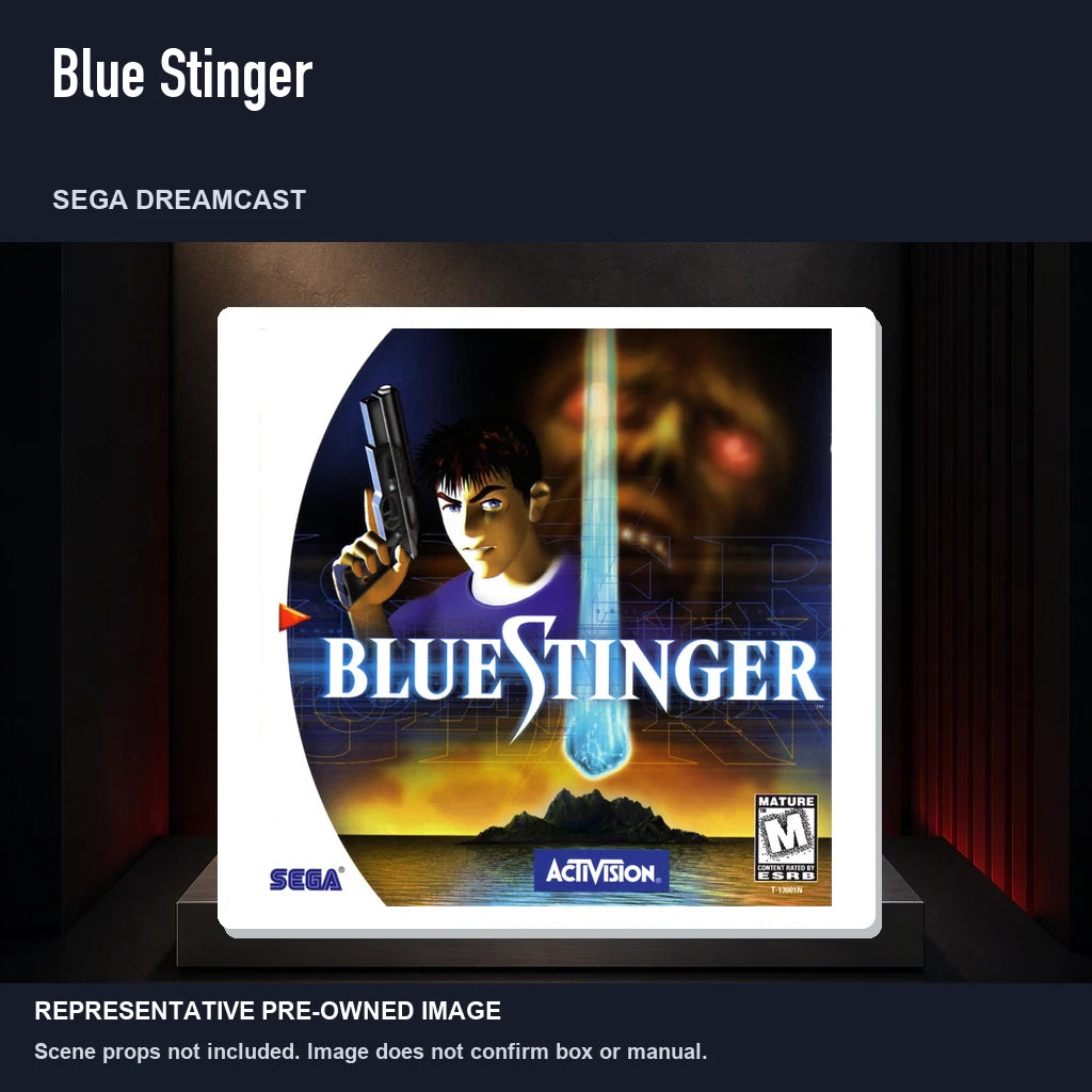 Representative pre-owned Blue Stinger (Sega Dreamcast), product image on a display panel.