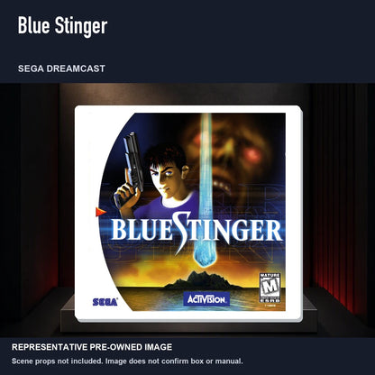 Representative pre-owned Blue Stinger (Sega Dreamcast), product image on a display panel.