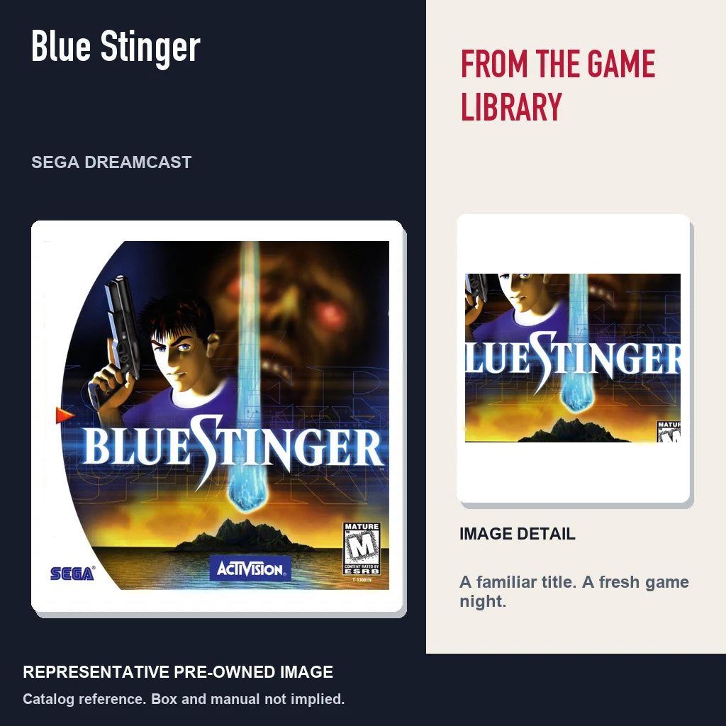 Representative pre-owned Blue Stinger (Sega Dreamcast), editorial image and detail.