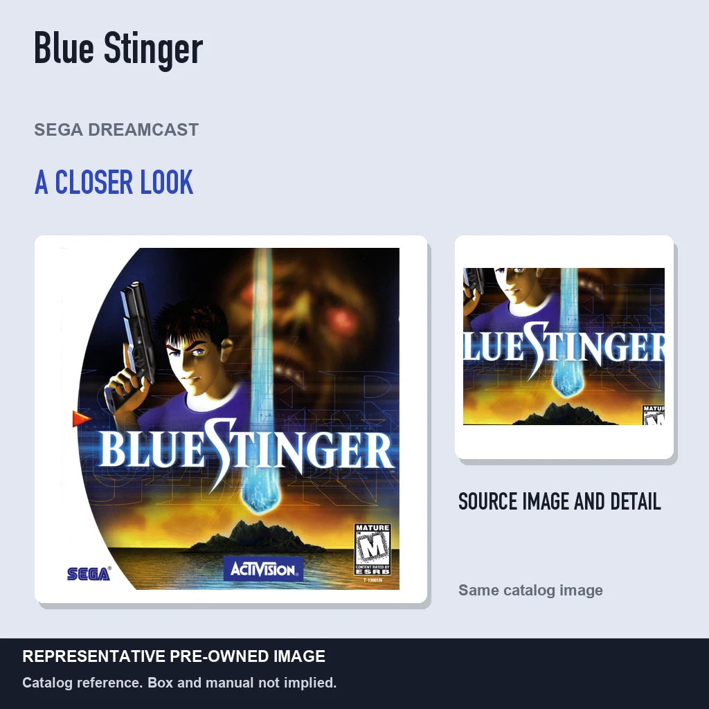 Representative pre-owned Blue Stinger (Sega Dreamcast), full image with detail inset.