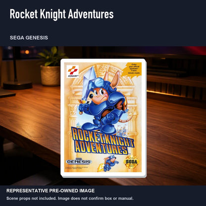 Representative pre-owned Rocket Knight Adventures (Sega Genesis), product image in a styled desk scene.