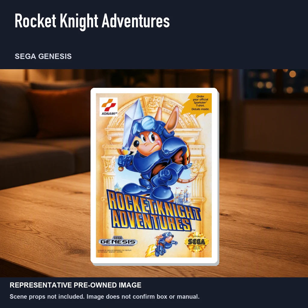 Representative pre-owned Rocket Knight Adventures (Sega Genesis), product image in a styled room scene.