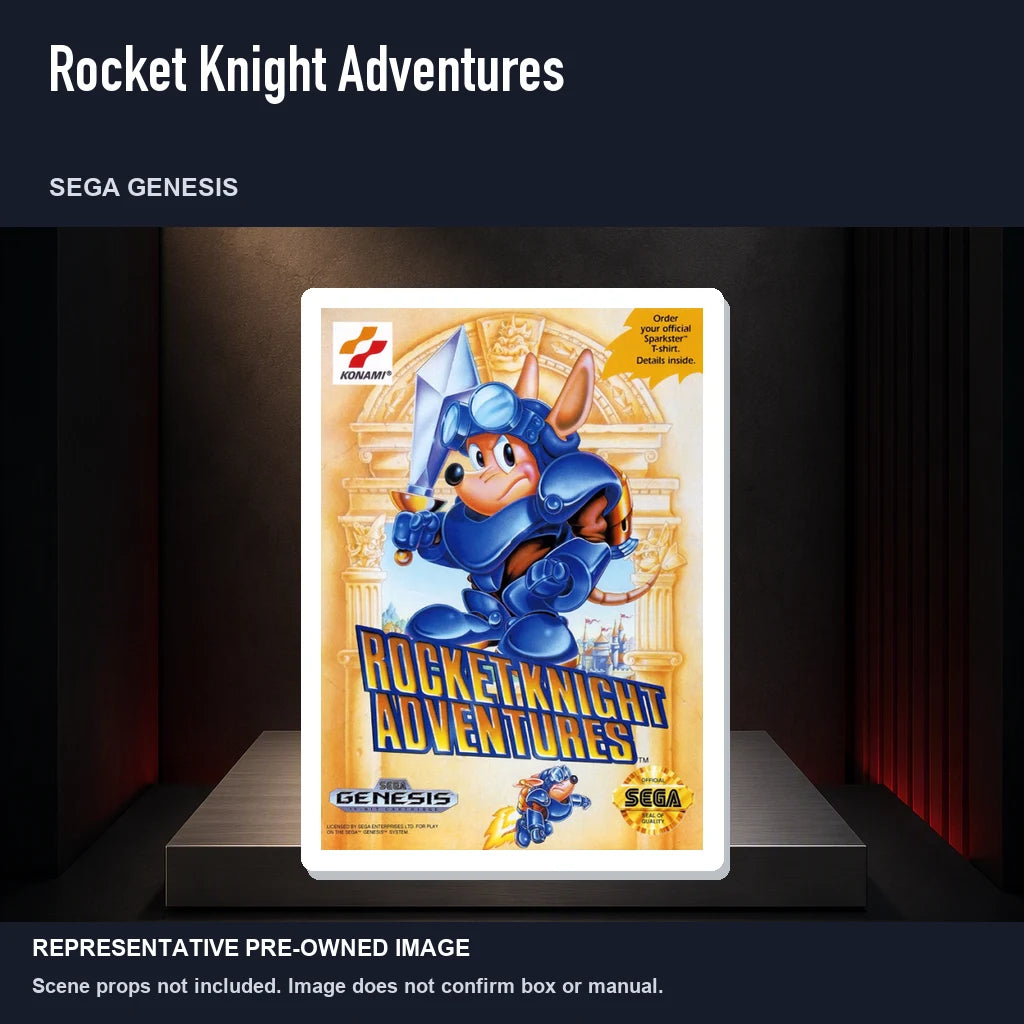 Representative pre-owned Rocket Knight Adventures (Sega Genesis), product image on a display panel.