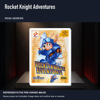 Representative pre-owned Rocket Knight Adventures (Sega Genesis), product image on a display panel.
