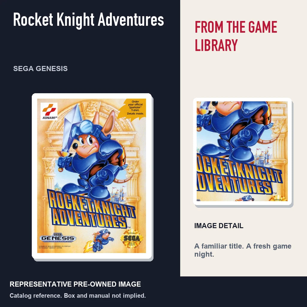 Representative pre-owned Rocket Knight Adventures (Sega Genesis), editorial image and detail.