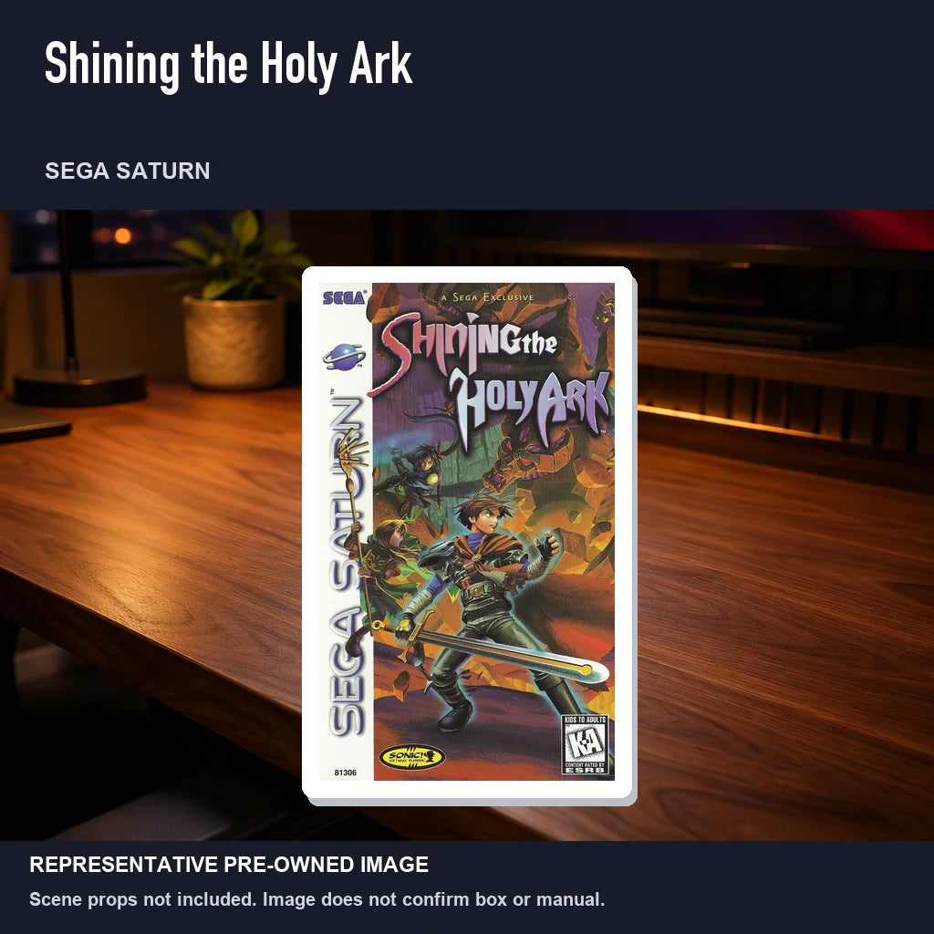 Representative pre-owned Shining the Holy Ark (Sega Saturn), product image in a styled desk scene.