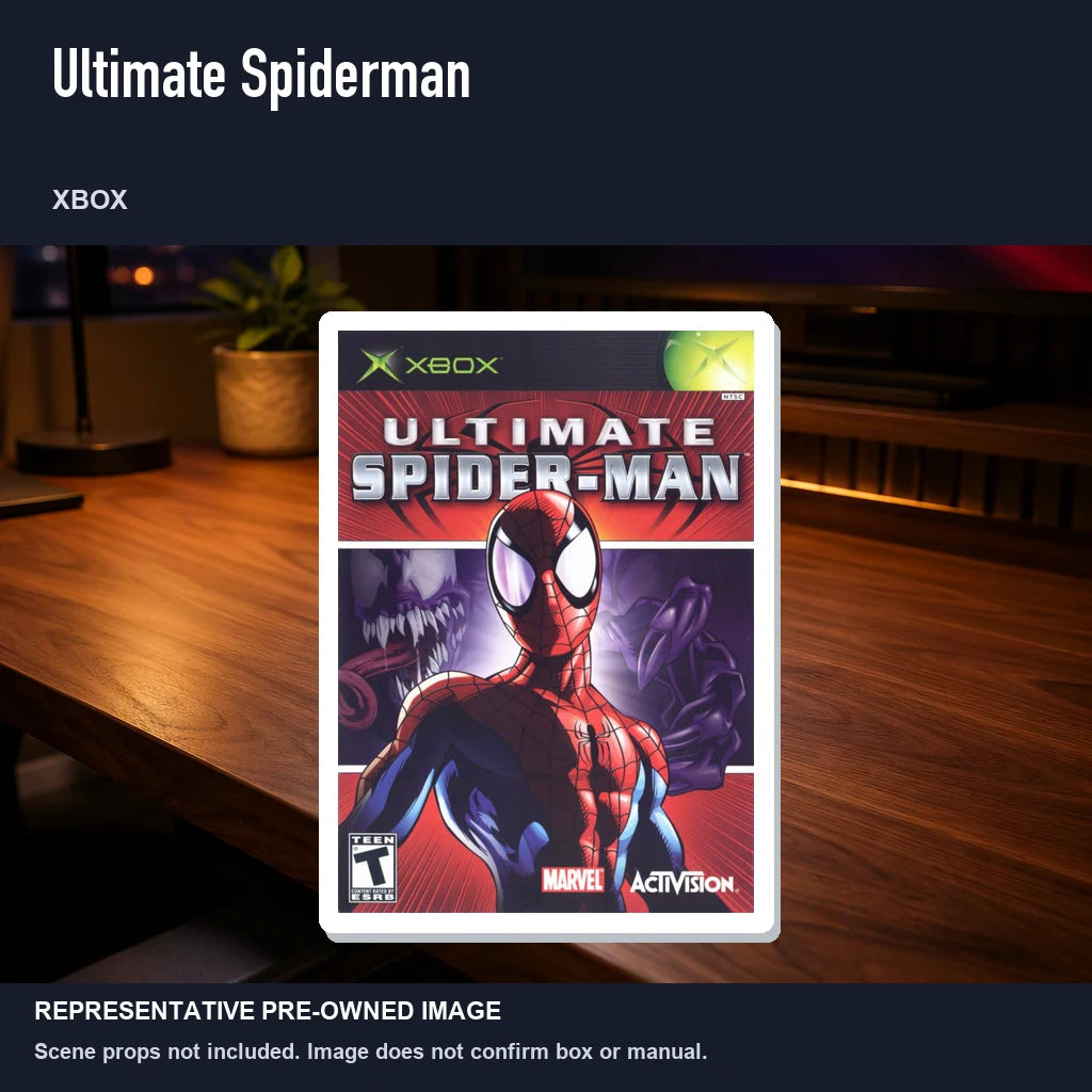 Representative pre-owned Ultimate Spiderman (Xbox), product image in a styled desk scene.