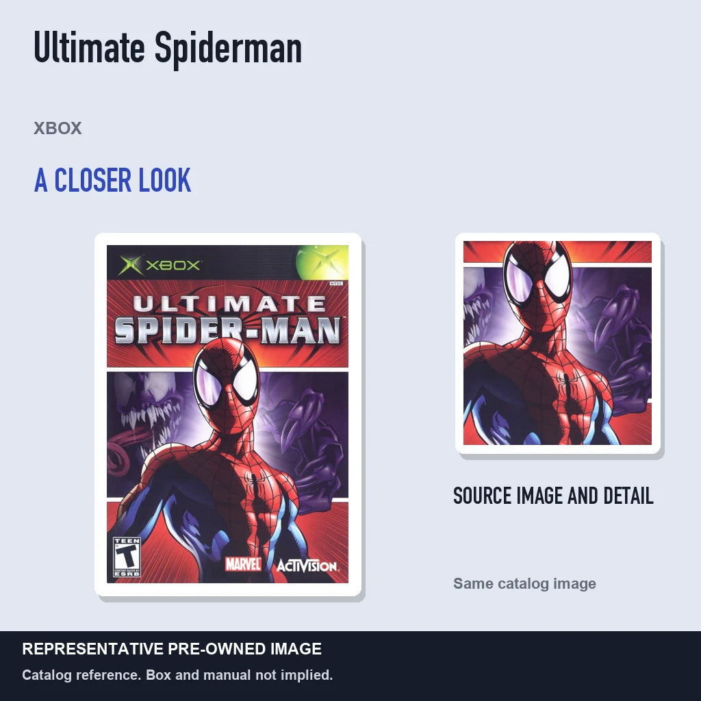 Representative pre-owned Ultimate Spiderman (Xbox), full image with detail inset.