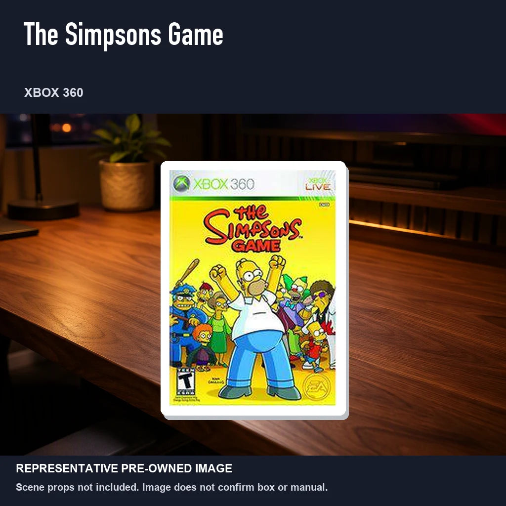 Representative pre-owned The Simpsons Game (Xbox 360), product image in a styled desk scene.