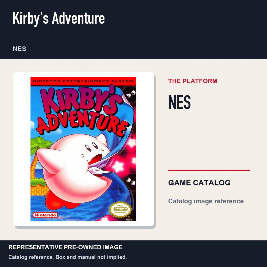 Representative pre-owned Kirby's Adventure (NES), platform product layout.